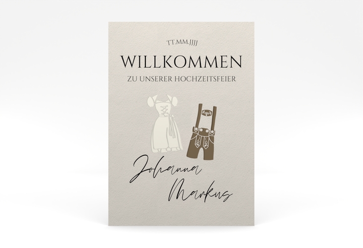 Willkommensschild Poster Trachtenhochzeit 50 x 70 cm Poster beige mit Dirndl und Lederhose