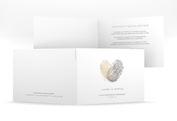 Hochzeitseinladung Fingerprint mittlere Klappkarte quer beige hochglanz schlicht mit Fingerabdruck-Motiv