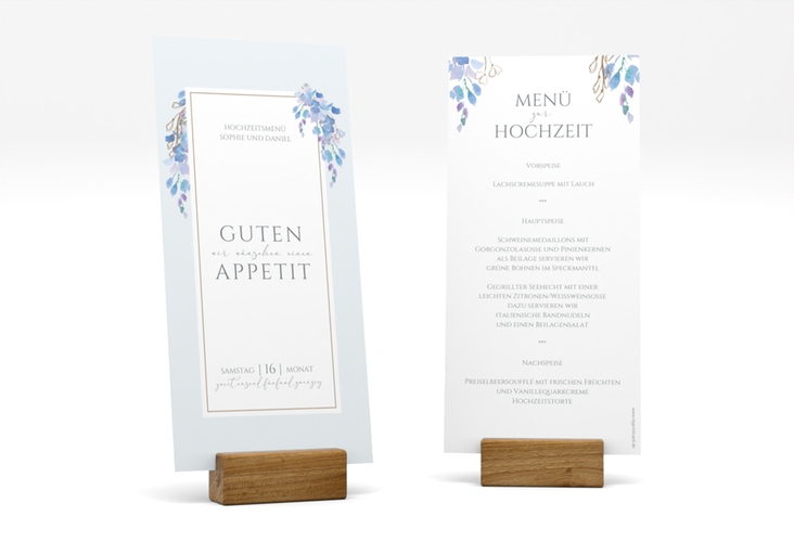 Menükarte Hochzeit Blauregen lange Karte hoch blau hochglanz mit Wisteria-Blüten
