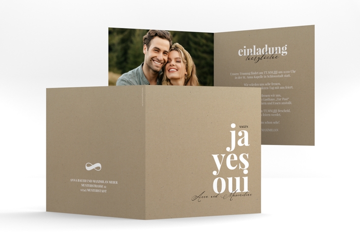 Hochzeitseinladung Oui quadr. Klappkarte Kraftpapier hochglanz mit Ja-Wort in verschiedenen Sprachen
