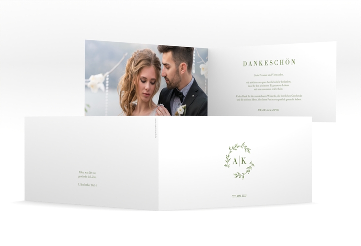 Dankeskarte Hochzeit Filigrana lange Klappkarte quer gruen in reduziertem Design mit Initialen und zartem Blätterkranz