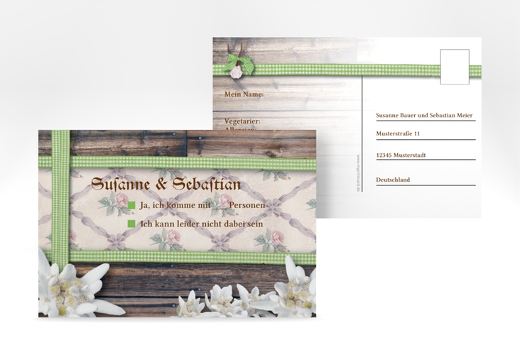 Antwortkarte Hochzeit Bayern A6 Postkarte gruen hochglanz mit Edelweiß in rustikaler Holz-Optik