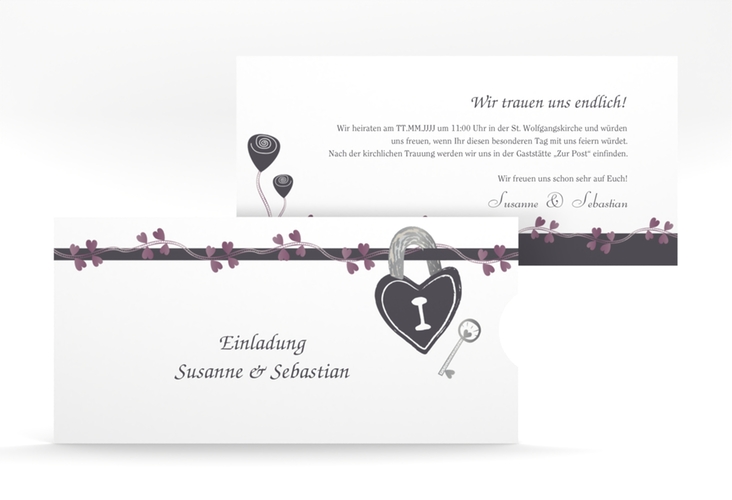 Hochzeitseinladung Oviedo Einsteckkarte grau hochglanz mit Liebesschloss und Herzen