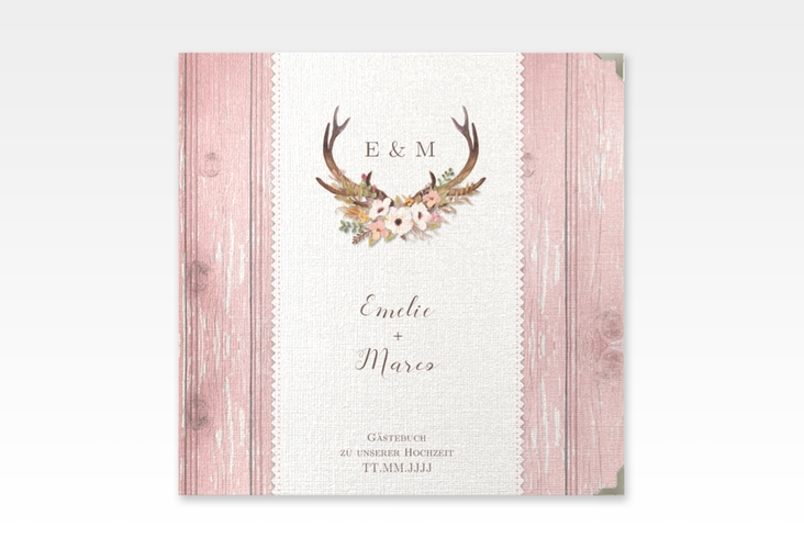 Gästebuch Selection Hochzeit Heimatjuwel Leinen-Hardcover rosa mit Hirschgeweih und Holz-Hintergrund