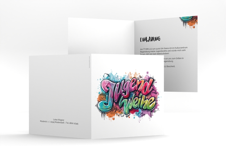 Einladungskarte Jugendweihe Stylewriting quadr. Klappkarte mit Graffiti-Schriftzug