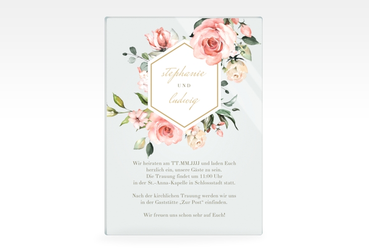 Acryl-Hochzeitseinladung Graceful Acrylkarte hoch hochglanz mit Rosenblüten in Rosa und Weiß
