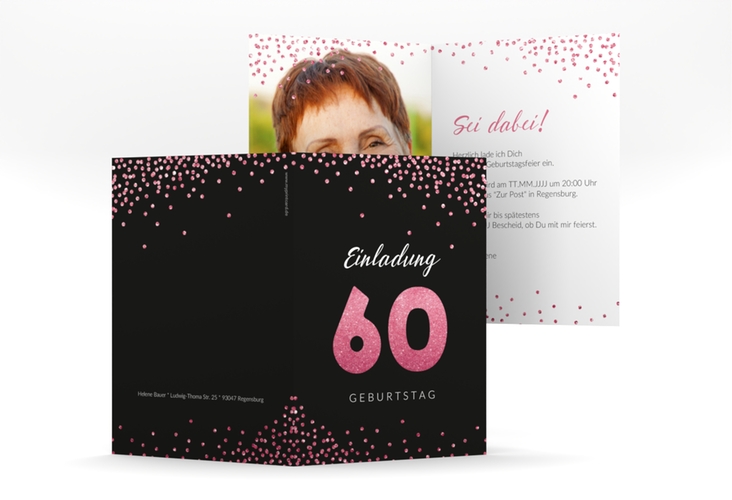 Einladung 60. Geburtstag Glitzer A6 Klappkarte hoch pink hochglanz