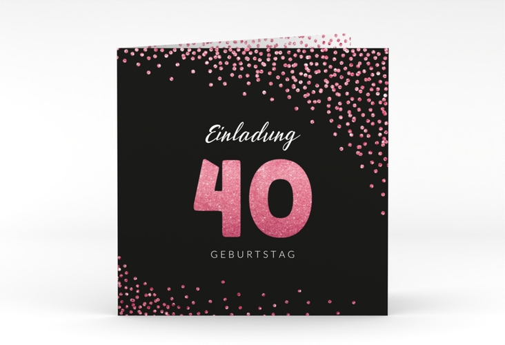 Einladung 40. Geburtstag Glitzer quadr. Klappkarte pink hochglanz
