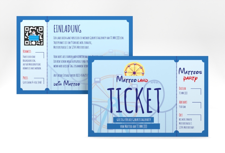 Einladungskarte Kindergeburtstag Freizeitpark A6 Karte quer hochglanz mit Riesenrad und Achterbahn