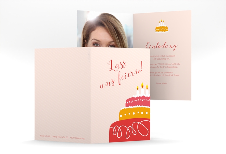 Einladung 40. Geburtstag Cake A6 Klappkarte hoch rot