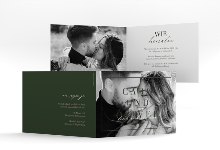 Hochzeitseinladung Moment A6 Klappkarte quer gruen hochglanz mit Schwarzweiß-Foto des Brautpaars