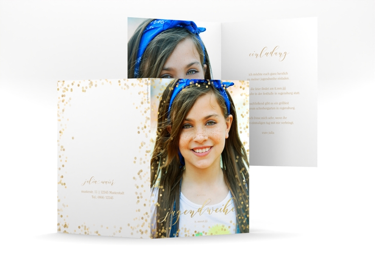Einladung Jugendweihe Brighten A6 Klappkarte hoch mit Foto und goldenem Konfetti