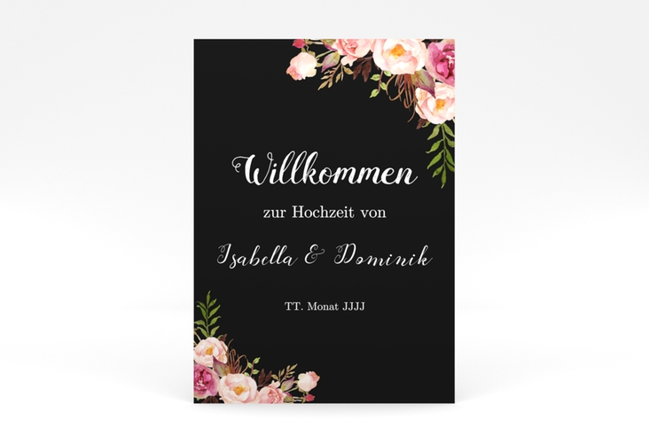 Willkommensschild Poster Flowers 50 x 70 cm Poster schwarz mit bunten Aquarell-Blumen