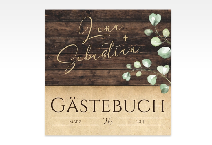 Gästebuch Creation Landhaus 20 x 20 cm, Hardcover braun in Holz-Optik mit Eukalyptus