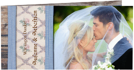 Klick: Details zu Danksagungskarte Hochzeit "Bayern" anzeigen Danksagungskarte Hochzeit Bayern lange Klappkarte quer blau mit Edelweiß in rustikaler Holz-Optik