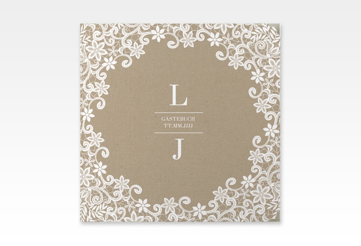 Gästebuch Selection Hochzeit Bella Leinen-Hardcover Kraftpapier mit weißer Brautspitze um Initialen