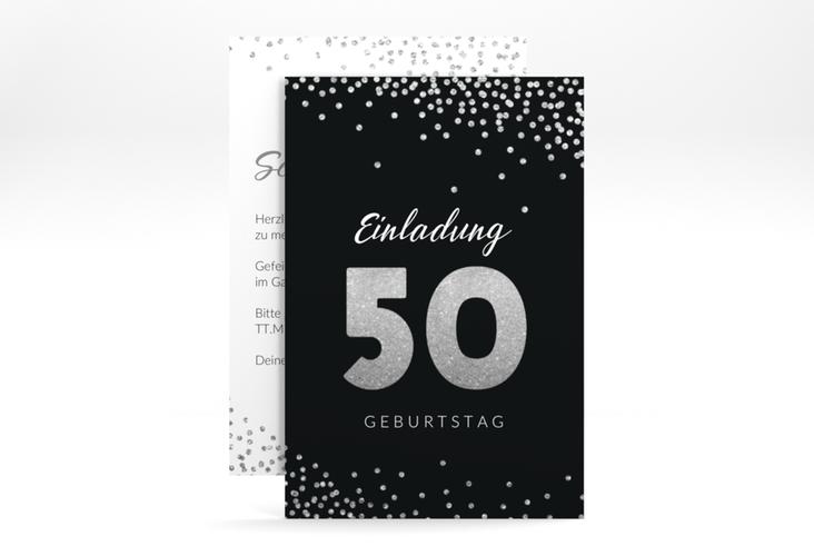 Einladung 50. Geburtstag Glitzer A6 Karte hoch grau hochglanz