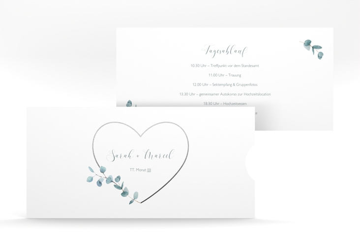 Hochzeitseinladung Greenheart Einsteckkarte grau mit elegantem Herz und Eukalyptus-Zweig