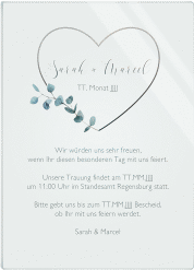 Klick: Details zu Acryl-Hochzeitseinladung "Greenheart" anzeigen Acryl-Hochzeitseinladung Greenheart Acrylkarte hoch grau mit elegantem Herz und Eukalyptus-Zweig
