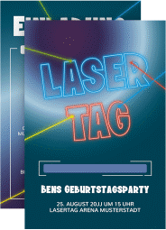 Klick: Details zu Einladungskarte Kindergeburtstag "Lasertag" anzeigen Einladungskarte Kindergeburtstag Lasertag A6 Karte hoch bunt