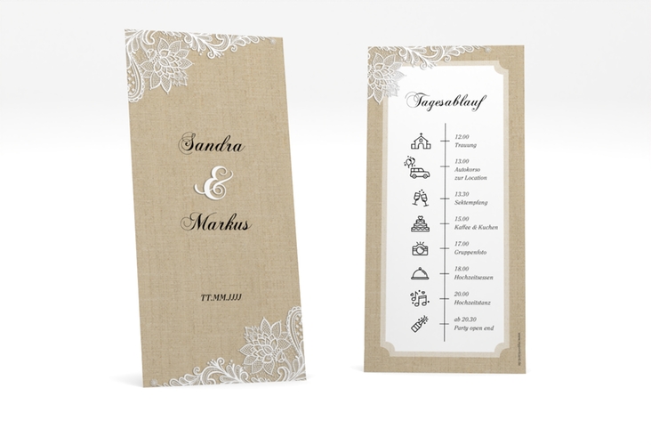 Tagesablauf Hochzeit Lace lange Karte hoch in Leinen-Optik mit weißer Spitze