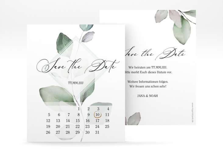 Save the Date-Kalenderblatt Foglia Kalenderblatt-Karte weiss edel mit Eukalyptus im Aquarell-Design