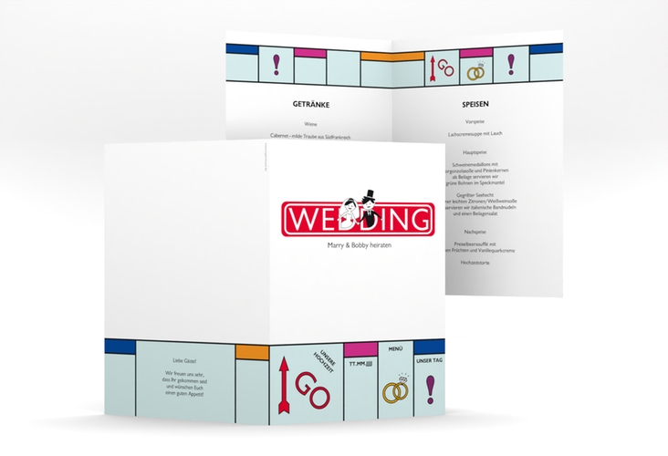 Menükarte Hochzeit Brettspiel A5 Klappkarte hoch bunt