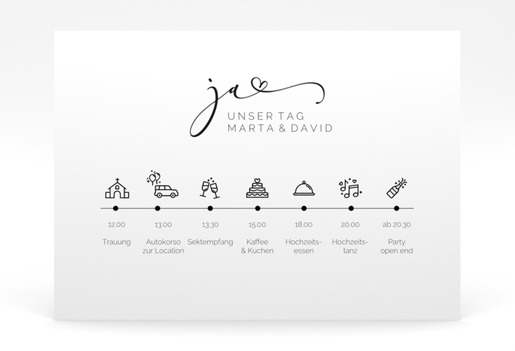 Tagesablauf Poster Hochzeit Jawort 70 x 50 cm Poster weiss modern minimalistisch mit veredelter Aufschrift