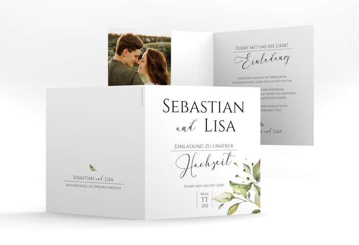 Hochzeitseinladung Leaves quadr. Klappkarte weiss hochglanz