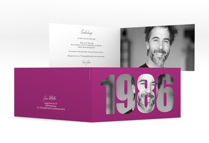 Einladungskarte Jahreszahl 2026 lange Klappkarte quer pink