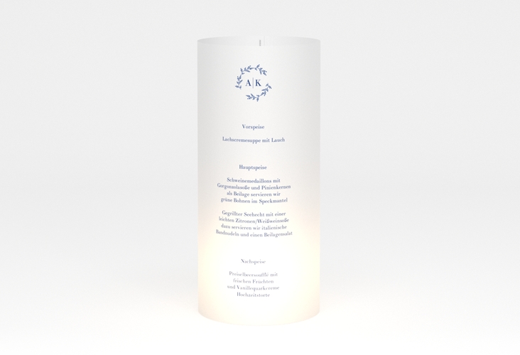 Windlicht Menü Hochzeit Filigrana Windlicht blau in reduziertem Design mit Initialen und zartem Blätterkranz