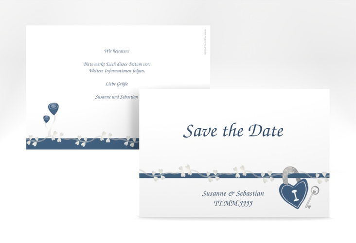 Save the Date-Karte Hochzeit Oviedo A6 Karte quer blau hochglanz mit Schloss und Schlüssel