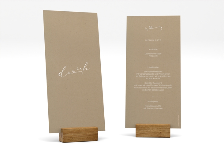 Menükarte Hochzeit Zweisamkeit lange Karte hoch Kraftpapier hochglanz im minimalistischen Stil mit Aufschrift du & ich