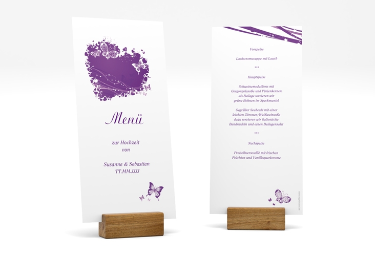 Menükarte Hochzeit Mailand lange Karte hoch lila