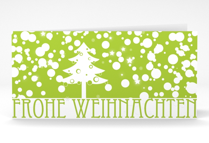 Business-Weihnachtskarte Schneeweiss lange Klappkarte quer gruen hochglanz mit Art Déco Schriftzug und Winterlandschaft