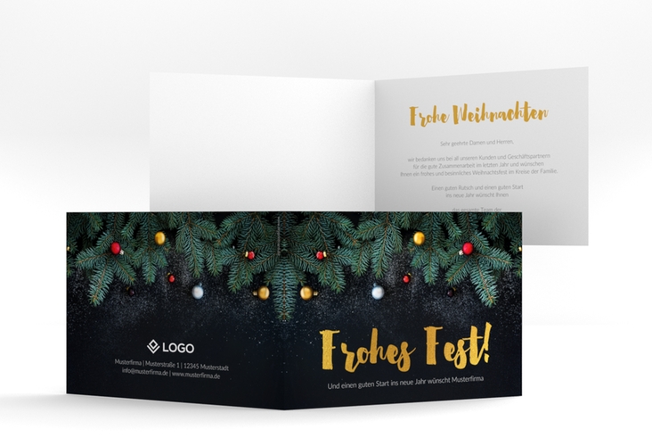 Business-Weihnachtskarte Weihnachtlich A6 Klappkarte quer hochglanz mit Tannenzweigen und goldenem Schriftzug