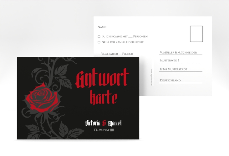 Antwortkarte Hochzeit Red Rose A6 Postkarte schwarz