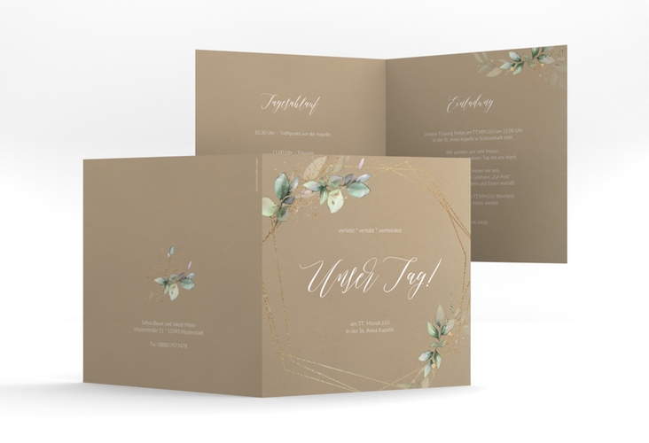 Hochzeitseinladung Greenish quadr. Klappkarte Kraftpapier hochglanz