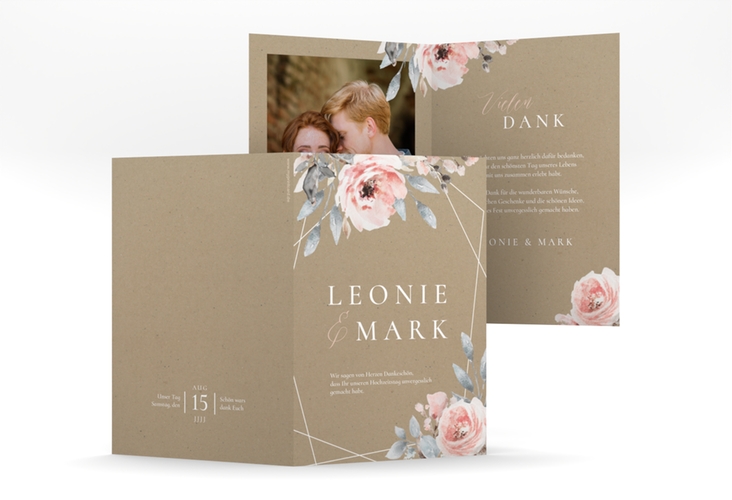 Danksagungskarte Hochzeit Perfection A6 Klappkarte hoch Kraftpapier mit rosa Rosen