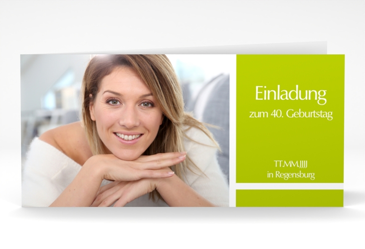 Einladung 40. Geburtstag Gerd/Gerda lange Klappkarte quer gruen mit Foto