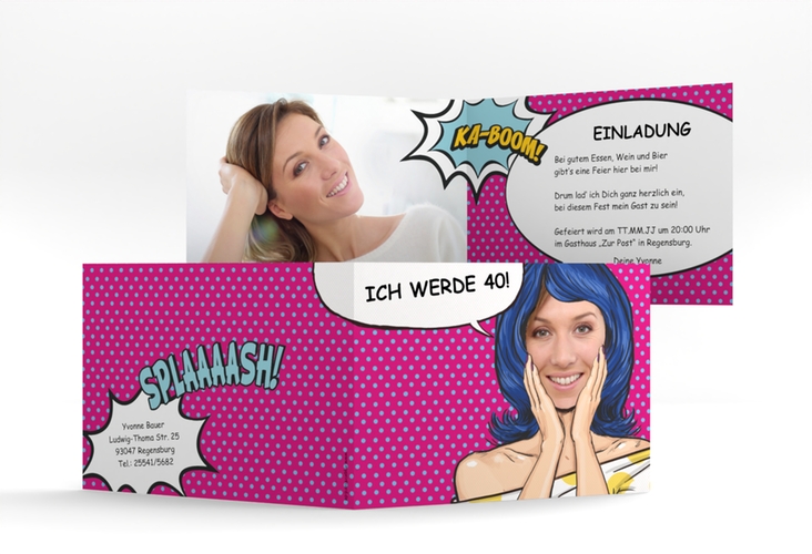 Einladung 40. Geburtstag Popart Woman A6 Klappkarte quer