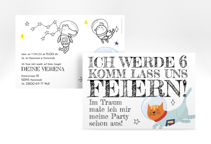 Einladungskarte Kindergeburtstag Welttraum A6 Karte quer mit Weltraum-Katze