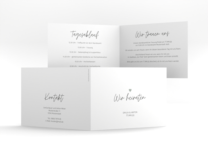 Hochzeitseinladung Herzschlag A6 Klappkarte quer weiss hochglanz schlicht und elegant mit Herzchen