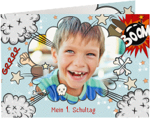 Klick: Details zu Einschulungskarte "Kaboom" anzeigen Einschulungskarte Kaboom A6 Klappkarte quer blau