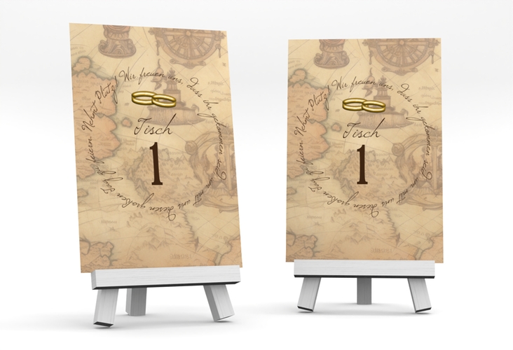 Tischnummer Hochzeit Zwei Ringe Tischaufsteller beige mit Eheringen und Fantasy-Landkarte