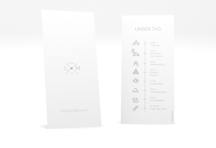 Tagesablauf Hochzeit Initials lange Karte hoch grau hochglanz mit Initialen im minimalistischen Design