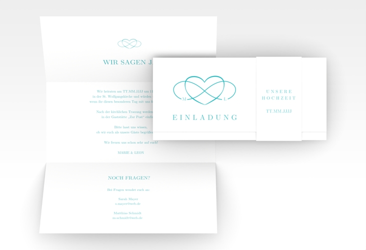 Hochzeitseinladung Infinity Wickelfalzkarte + Banderole tuerkis