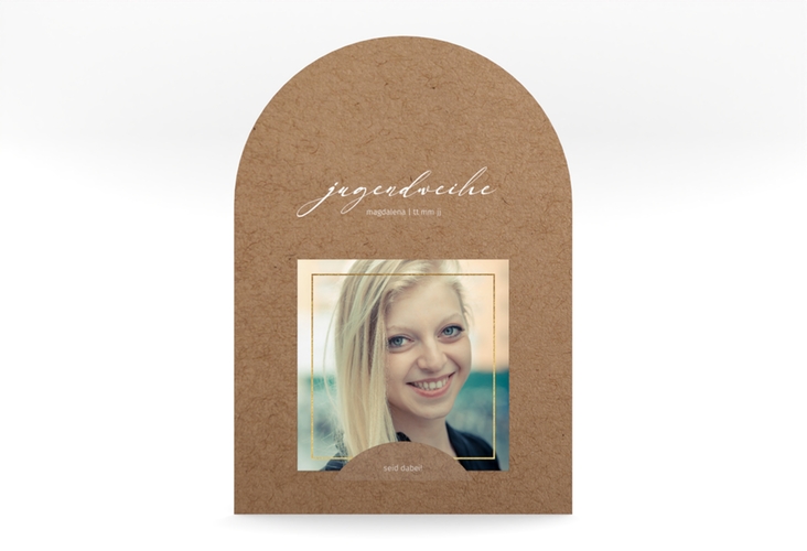 Einladung Jugendweihe Quadro mittlere Bogen-Karte + Foto Kraftpapier hochglanz