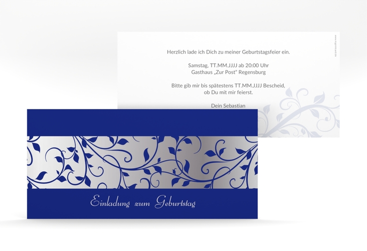 Einladung Geburtstag Hermann/Hermine lange Karte quer blau
