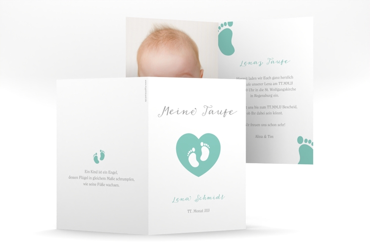 Taufeinladung Footprint A6 Klappkarte hoch tuerkis